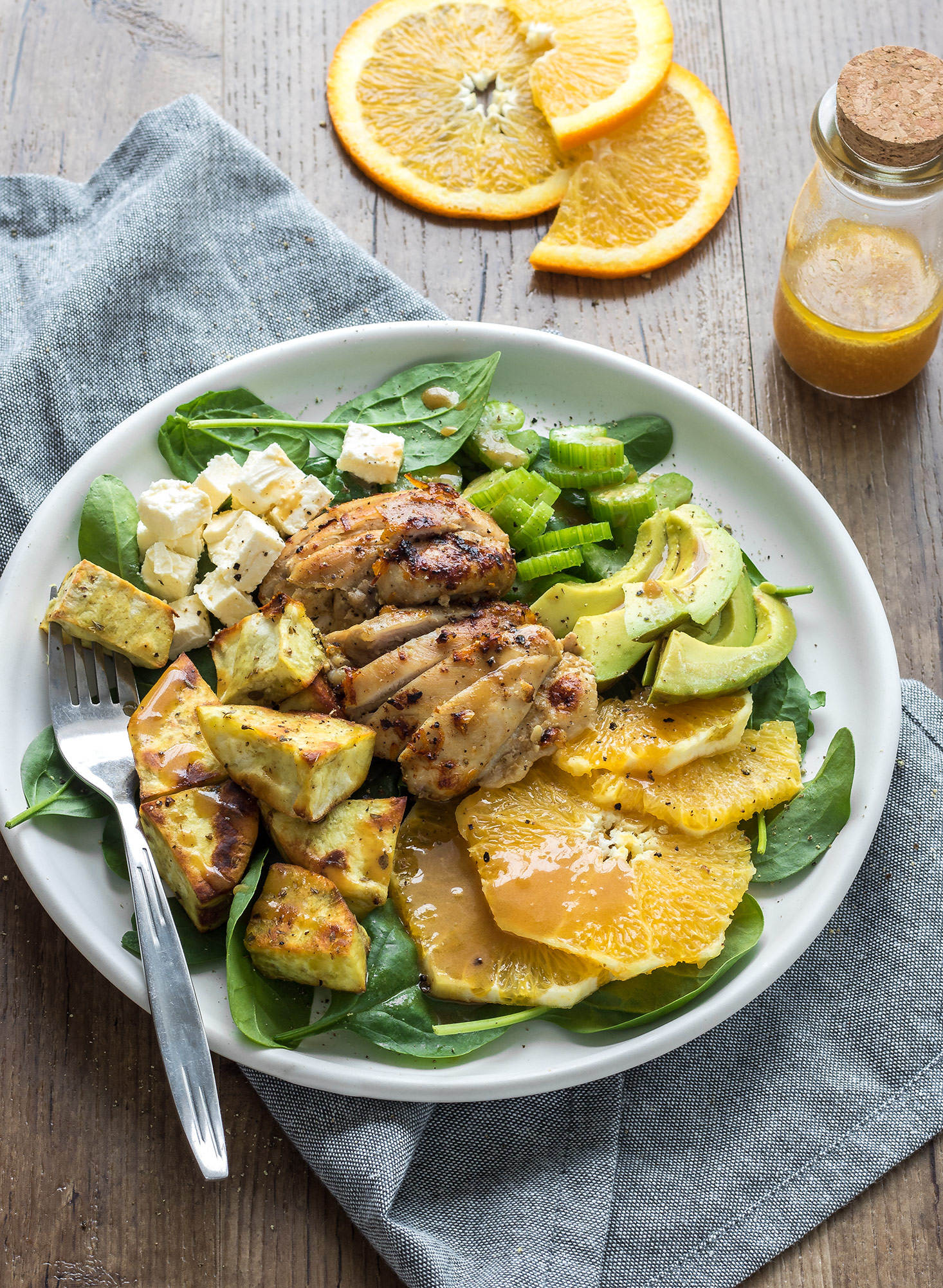 These chicken, kumara and orange salads are super easy to put together. Fresh and light but still delicious and filling.