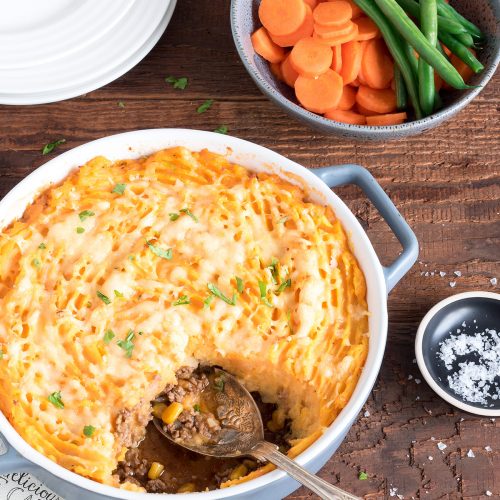 Shepherd’s pie is the perfect winter comfort food to fill hungry tummies.  This version uses kumara in the mash which goes so well with the lamb.