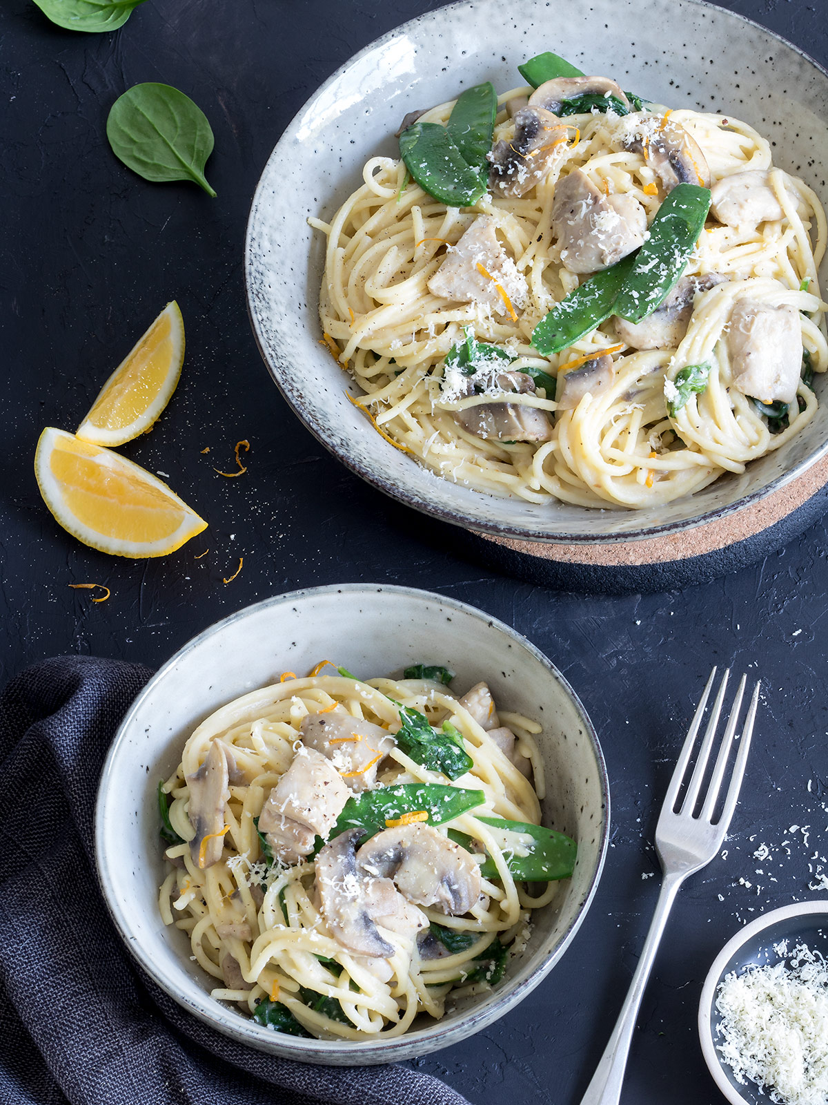 This lemony chicken pasta is a creamy pasta meal without any cream! The hummus blends in nicely and you can  barely taste it in the finished dish. Give it a try and see for yourself!