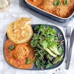 Chicken baked in a creamy tomato sauce with a crunchy, cheesy topping. This crunchy top chicken is too good!  The crumpet breads are an adaptation of Simon Gault’s recipe and are easy and delicious.