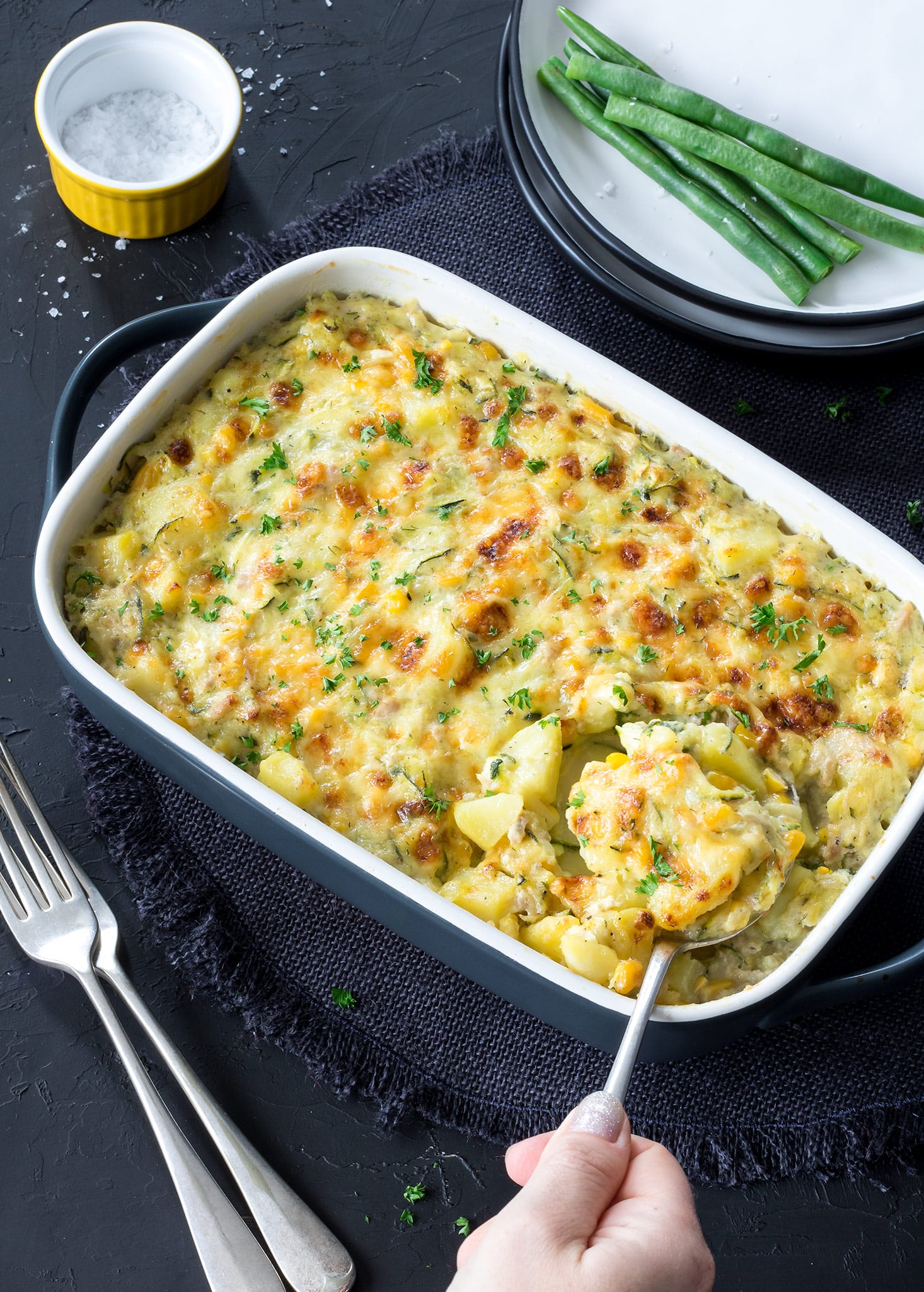 This easy tuna potato bake comes together a lot quicker than regular potato bakes. No need to cook in the oven for ages!