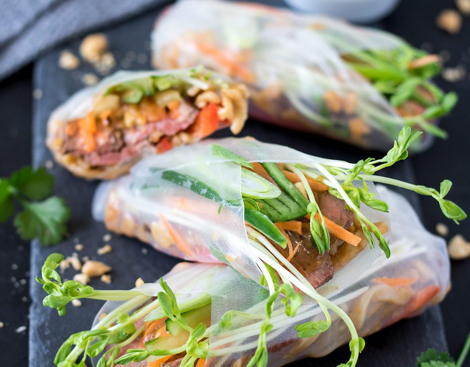 These steak summer rolls are packed full of juicy rump steak, saucy noodles and fresh veggies, paired with an irresistible peanut dipping sauce.