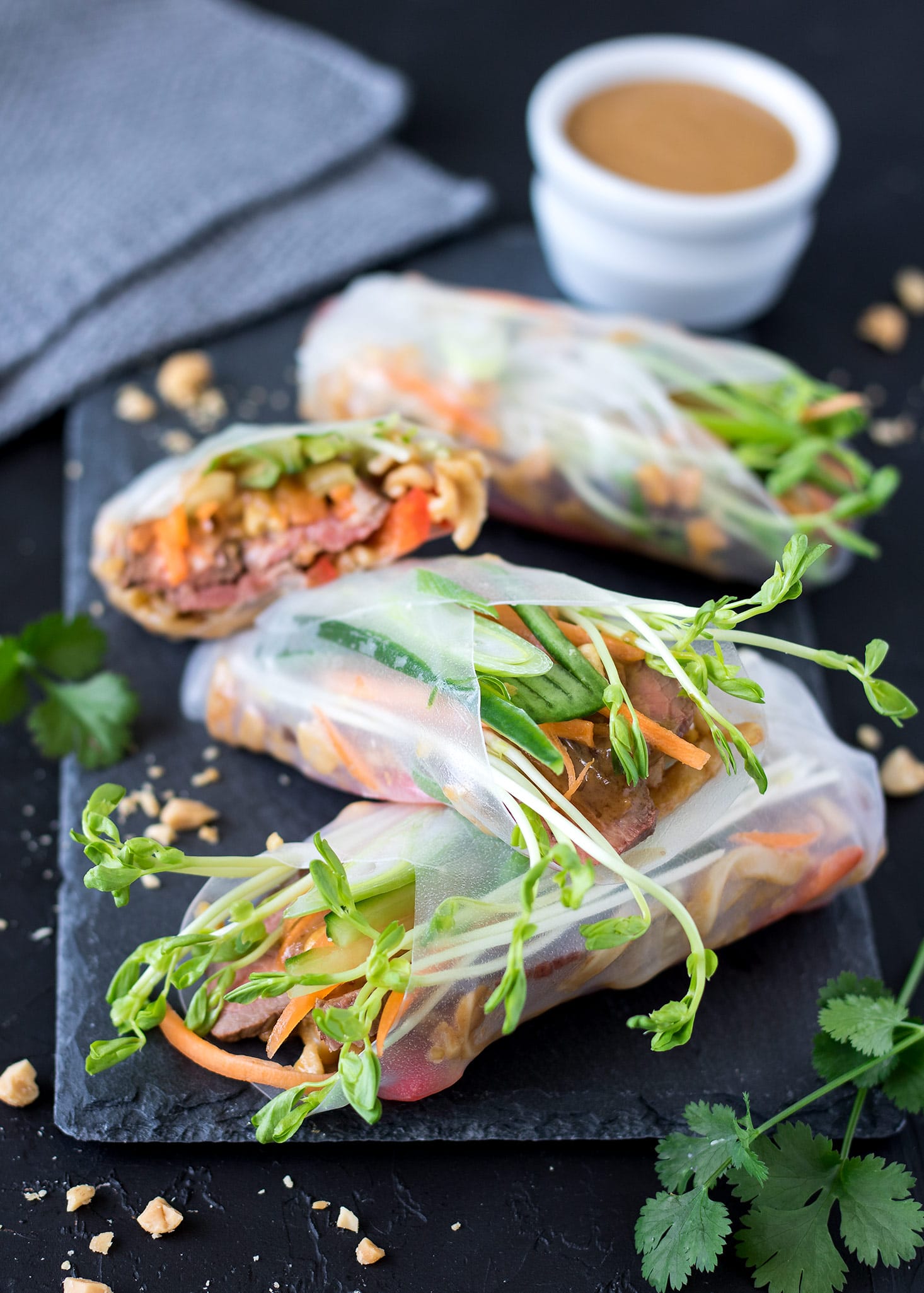 These steak summer rolls are packed full of juicy rump steak, saucy noodles and fresh veggies, paired with an irresistible peanut dipping sauce.