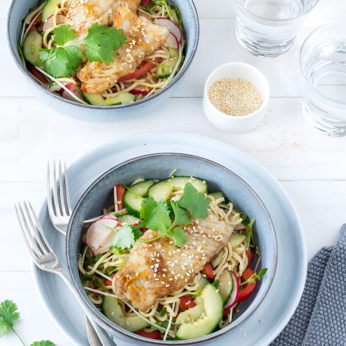 Asian-style fish with noodle salad is a refreshing meal with a delicious tangy dressing. In less than half an hour you’ll have a yummy, nutritious dinner ready to go!