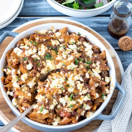 This cheesy mince pasta bake saves on dishes by cooking the pasta in the same pot as the sauce. It’s topped with two different cheeses and grilled in the oven for a golden, crunchy crust.