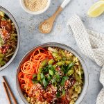 Sweet chilli chicken bowls with sticky edamame beans, rice and cabbage.