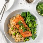 Honey garlic salmon with brown rice, broccolini and edamame.