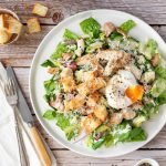 Ultimate Caesar salad with chicken, bacon, egg, croutons and homemade Caesar dressing.