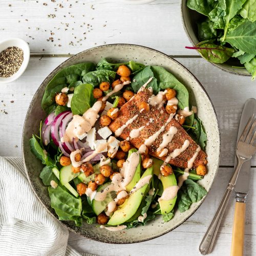 Mediterranean salmon salad with roasted chickpeas and yoghurt dressing.