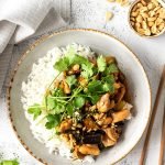 Tamarind chicken on rice with caramelised eggplant, coriander and roasted peanuts.