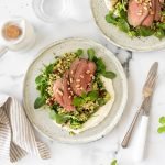 Mediterranean lamb salad with bulghur wheat, sundried tomatoes, mint and feta.